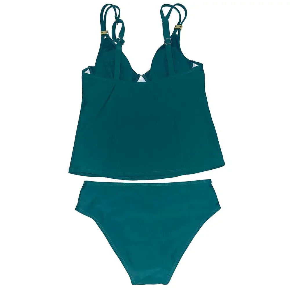 NWT Cupshe Green V-Neck Square Ring Two Piece Tankini Swimsuit Set Size M